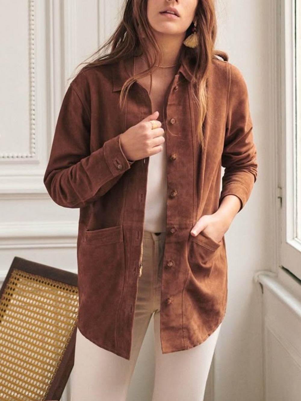Sézane Will Suede Tan Goat Leather Button Jacket